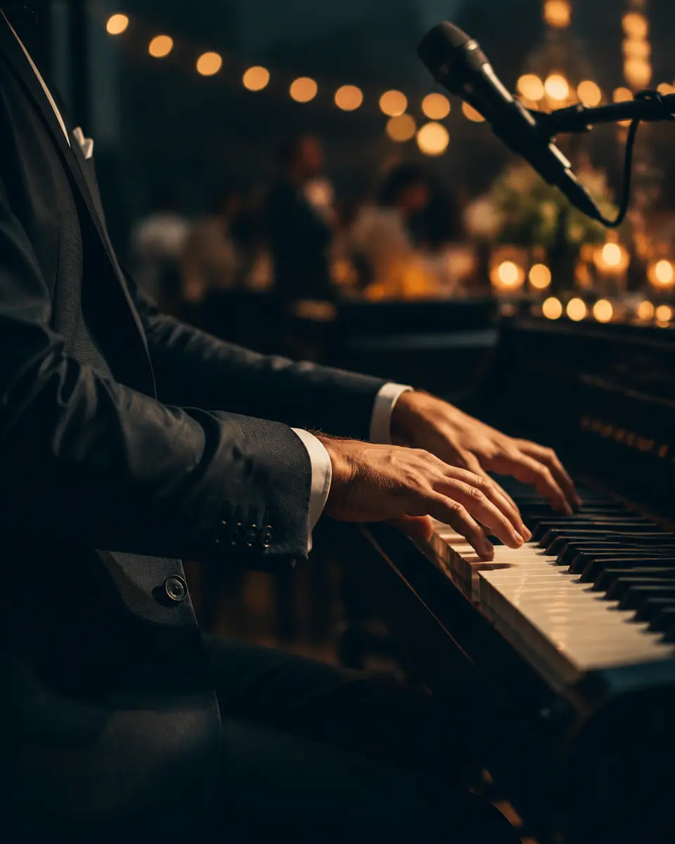 Hände eines Live-Musikers am Klavier bei einer Abendveranstaltung